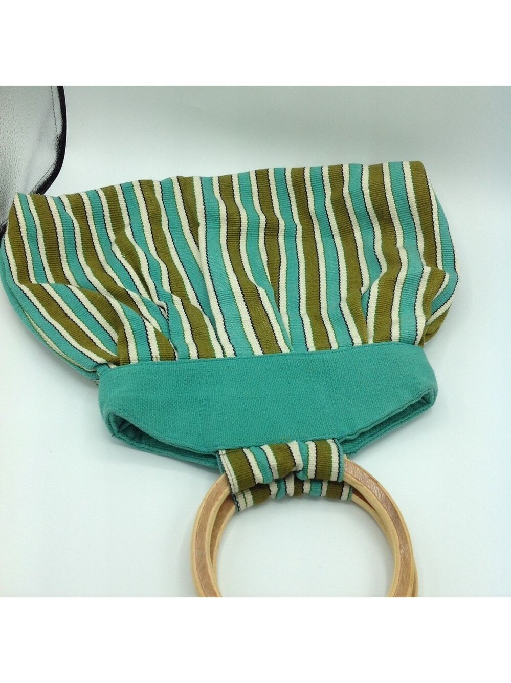 Vintage Striped Cotton Baguette Bag Wooden Handle Purse Olive Green Teal - Picture 2 of 3